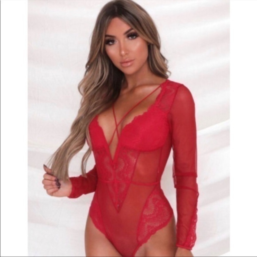 Sale Red Mesh Long Sleeve Lace Plunge Bodysuit